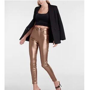 High Waisted Metallic Faux Leather Skinny Pant - Brass
